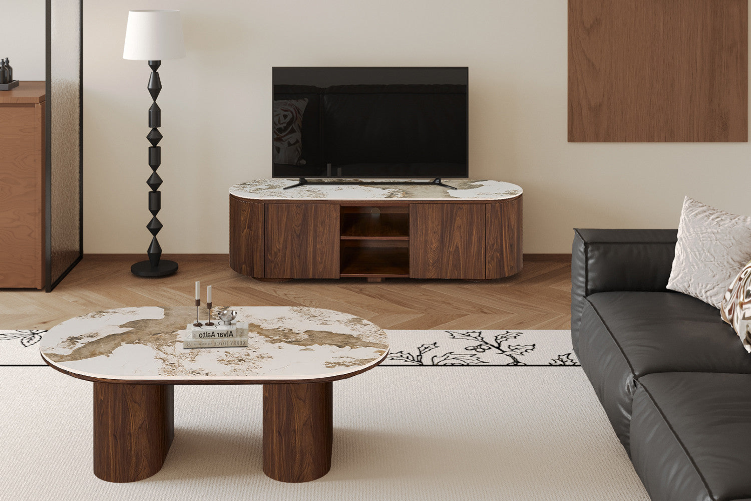 - TV meubel 'Tomar' 160 cm Decor Gerookte Eik Glanzend Steen Pandora