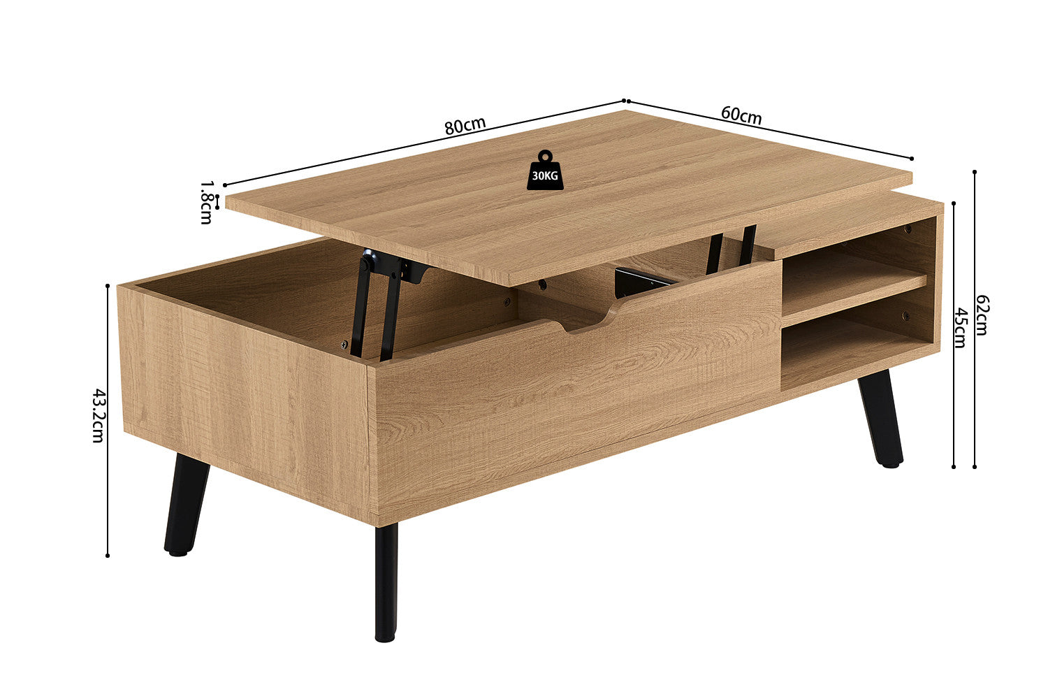 Salontafel 'Justine' Opklapbare top Decor Eik Naturel