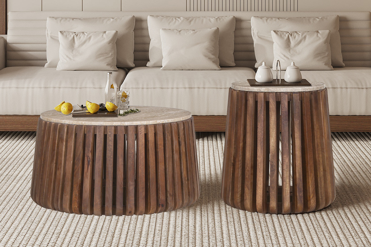 Salontafel 'Luuk' 70 cm Rond Mango hout met Travertin Beige