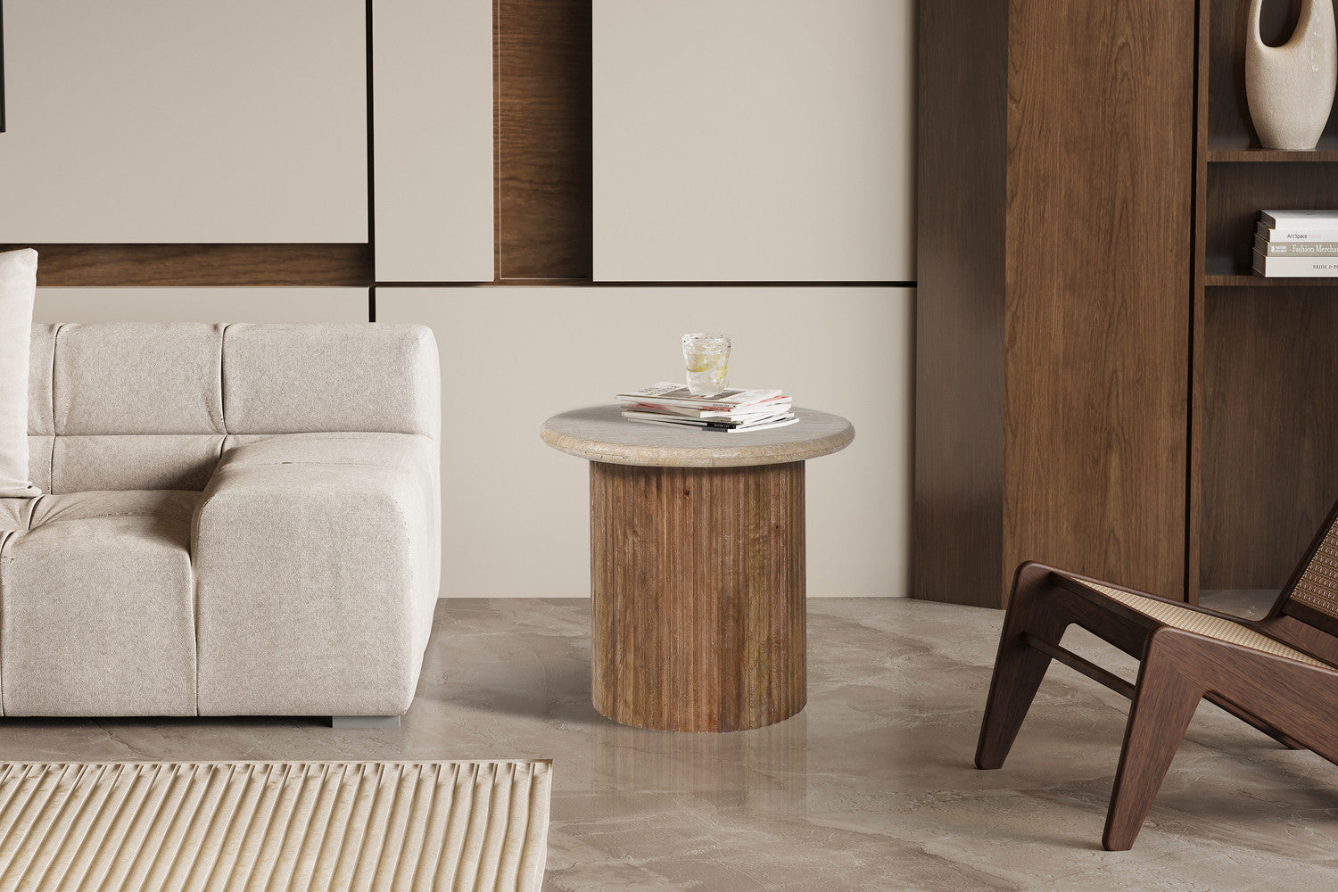 Bijzettafel 'Louis' 50 cm Mango hout met Travertin Beige