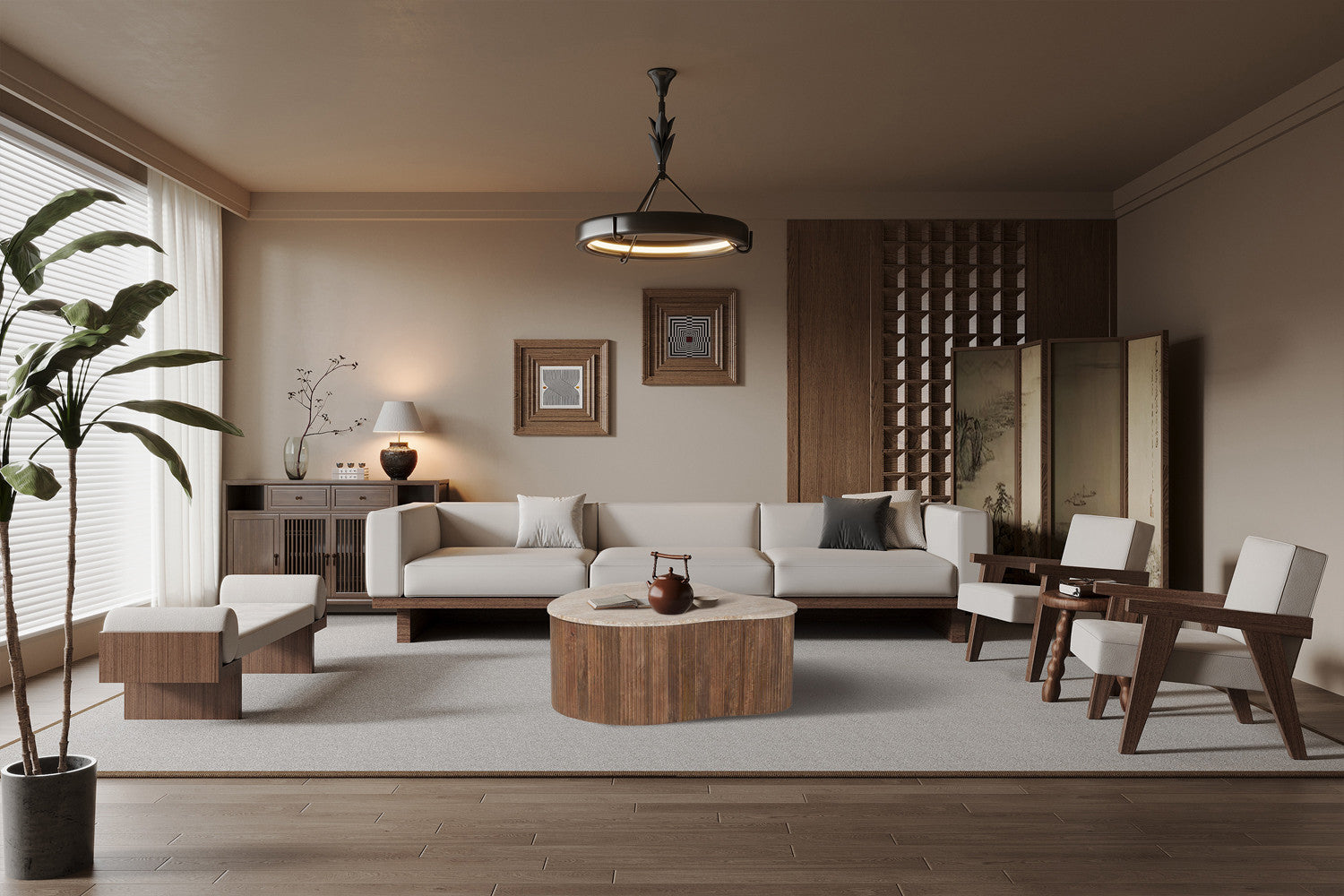 Salontafel 'Paul' 83 cm Mango hout met Travertin Beige
