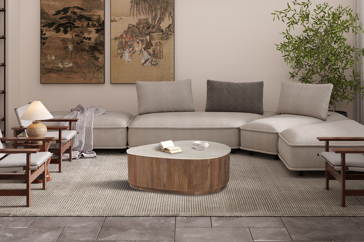 Salontafel 'Nolan' 100 cm Mango hout met Travertin Beige