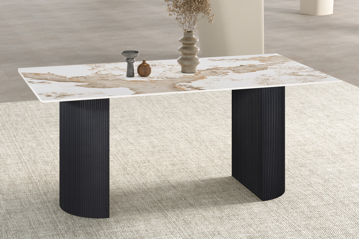 - Tafel 'Lousa' 180 cm Glanzend Steen Pandora - Zwarte Metalen voet
