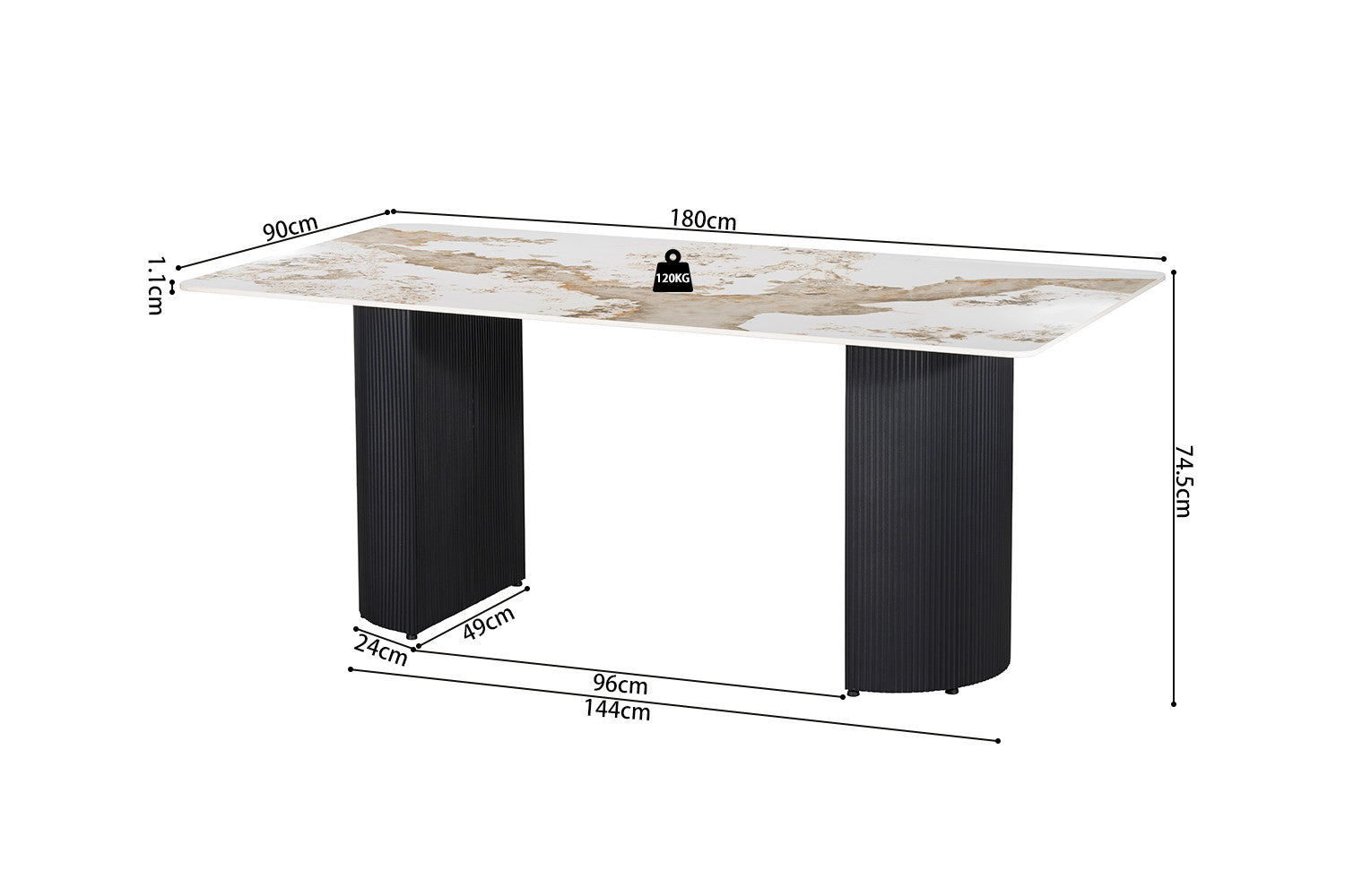 - Tafel 'Lousa' 180 cm Glanzend Steen Pandora - Zwarte Metalen voet