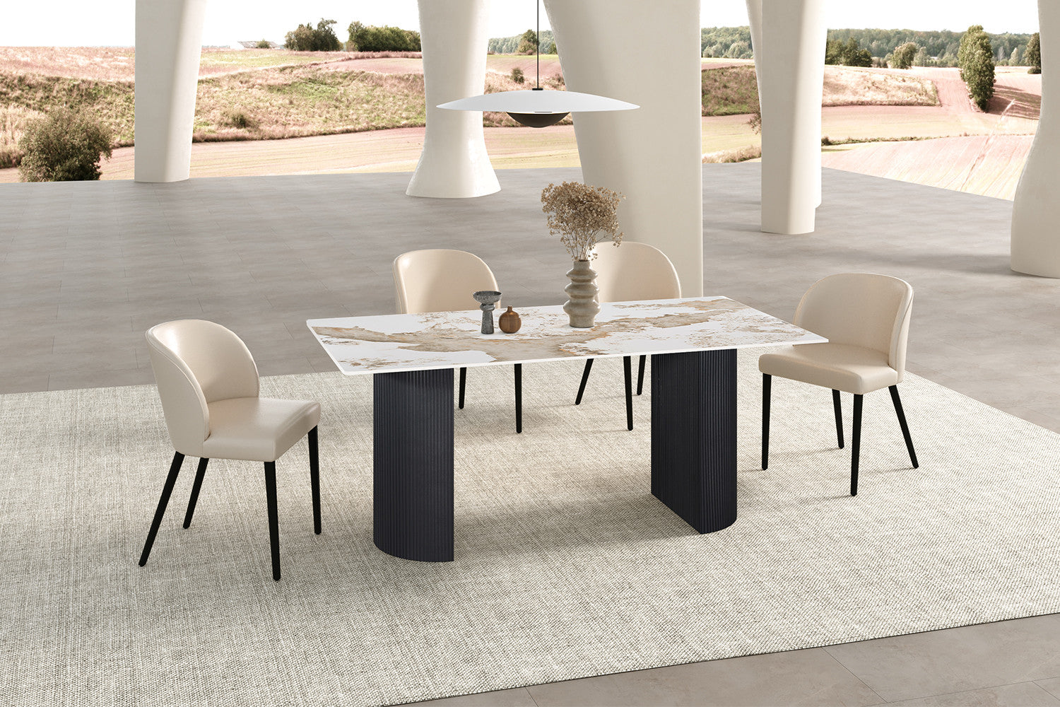 - Tafel 'Lousa' 180 cm Glanzend Steen Pandora - Zwarte Metalen voet
