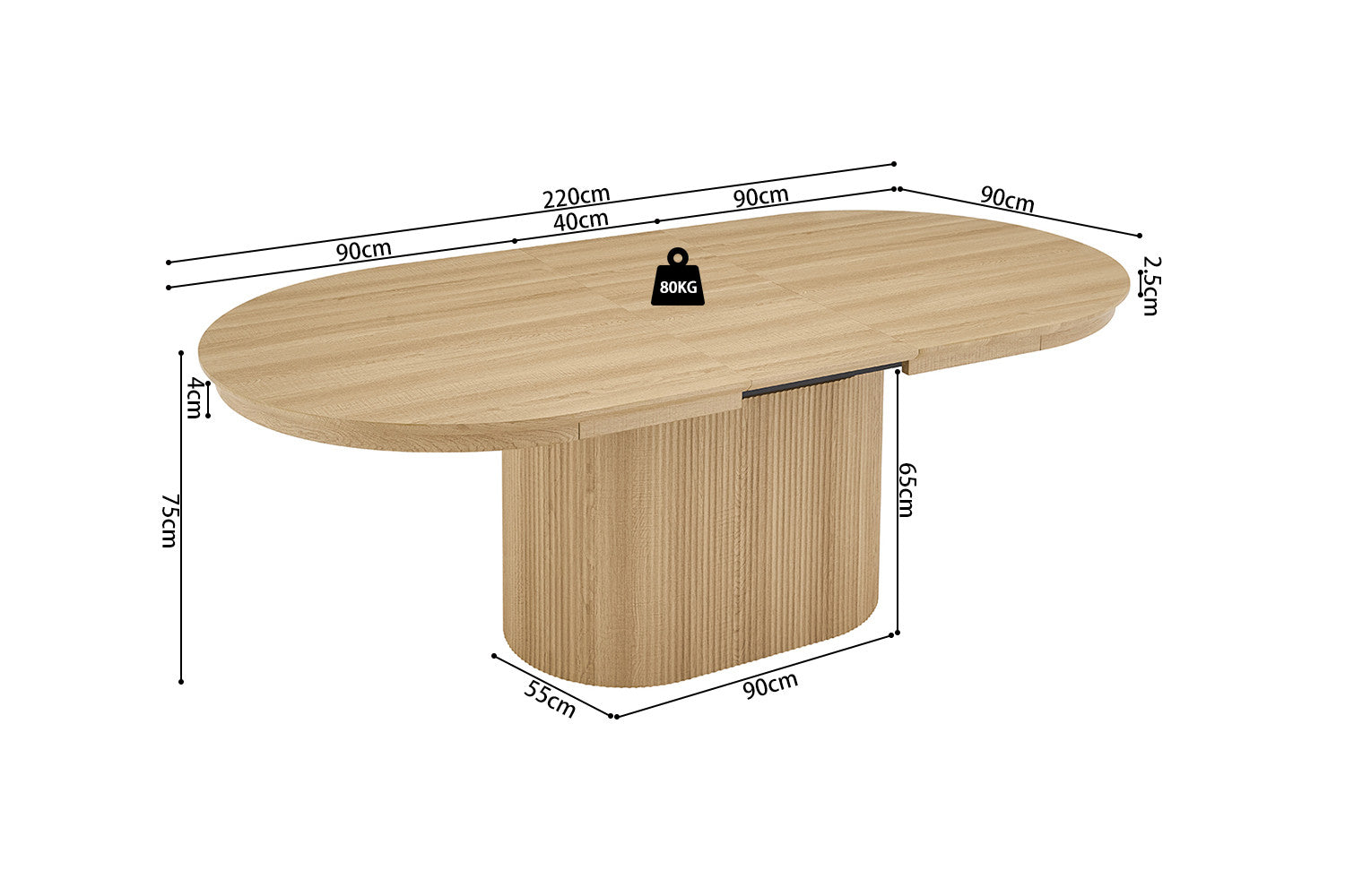 Uitschuifbare tafel 'Lagos' 180-220 cm Ovaal Decor Eik Naturel