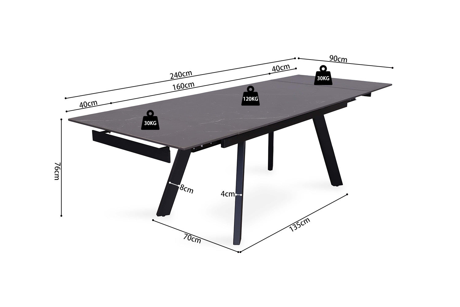Uitschuifbare tafel 'Hera' 160-240 cm Rechthoekig Steen Zwart