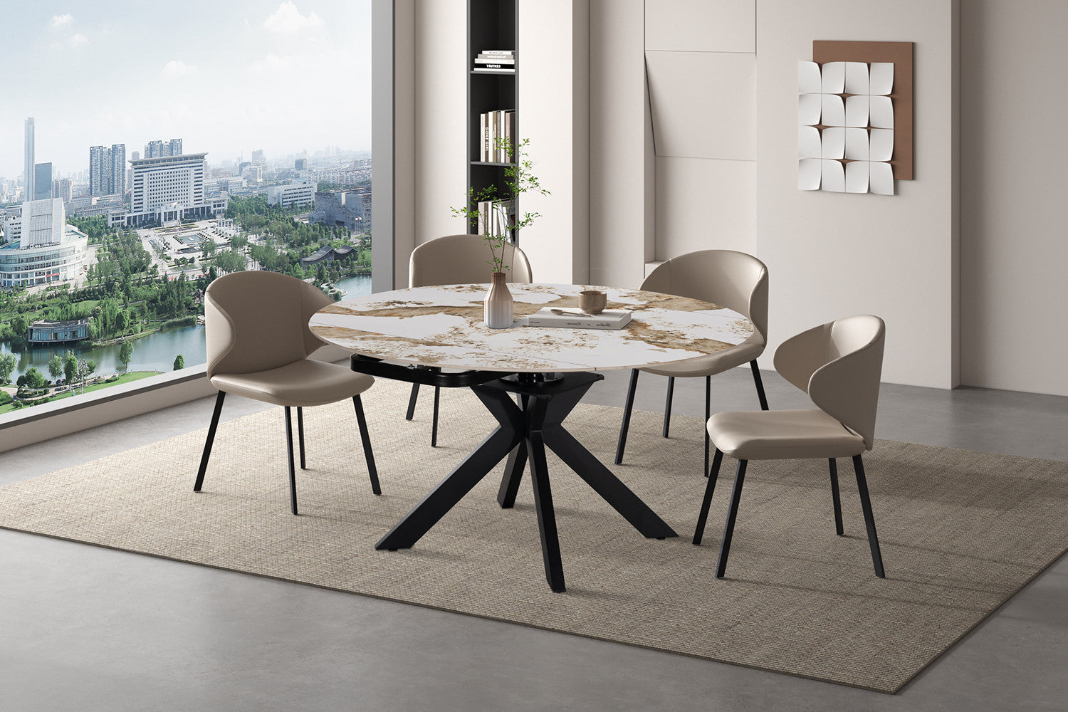 - Uitschuifbare tafel 'Athena' Rond 140-140x90 cm Glanz. steen Pandora