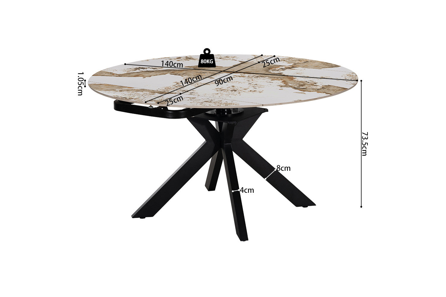 - Uitschuifbare tafel 'Athena' Rond 140-140x90 cm Glanz. steen Pandora