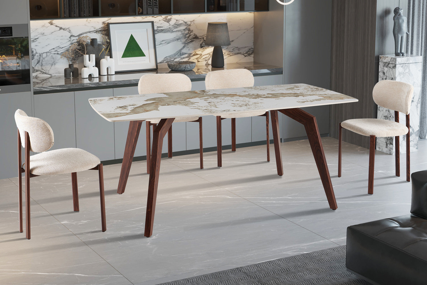 Tafel 'Alma' 180x90 cm Glanzend Steen Pandora - Voet walnoot