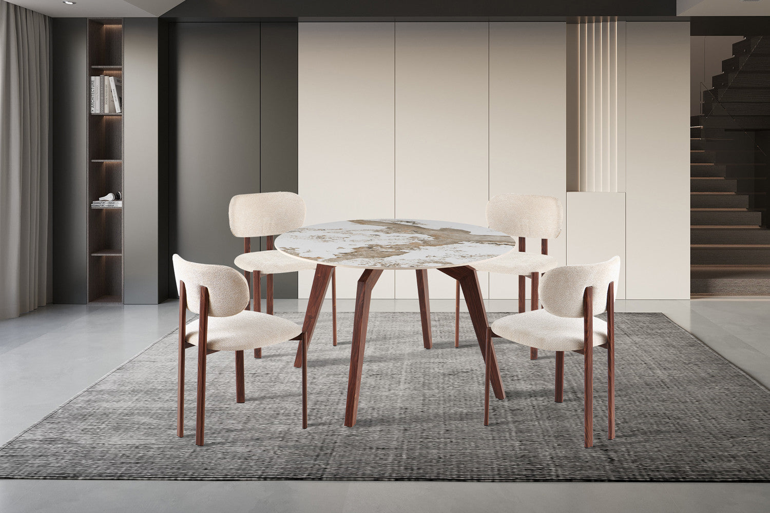 Tafel 'Alma' 120 cm Rond Glanzend Steen Pandora - Voet walnoot