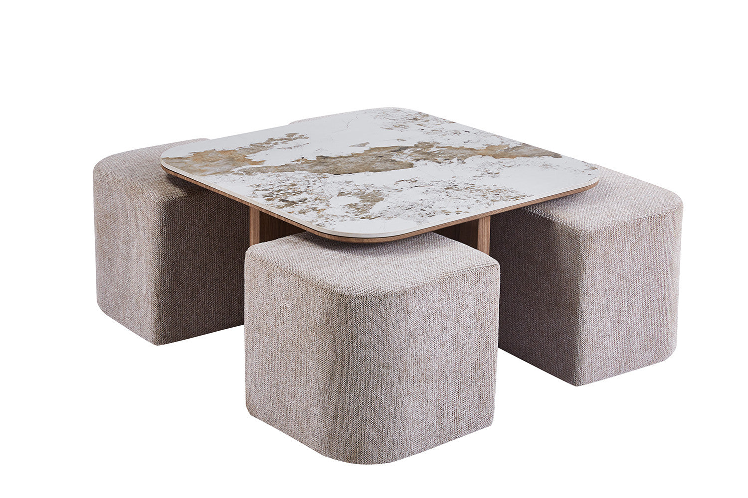 Salontafel 'Evora' met 4 poefs stof Glanzend Steen Pandora